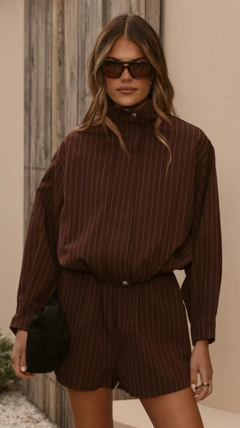 Ivana Funnel Neck Jacket Shorts Set Brown Pinstripe