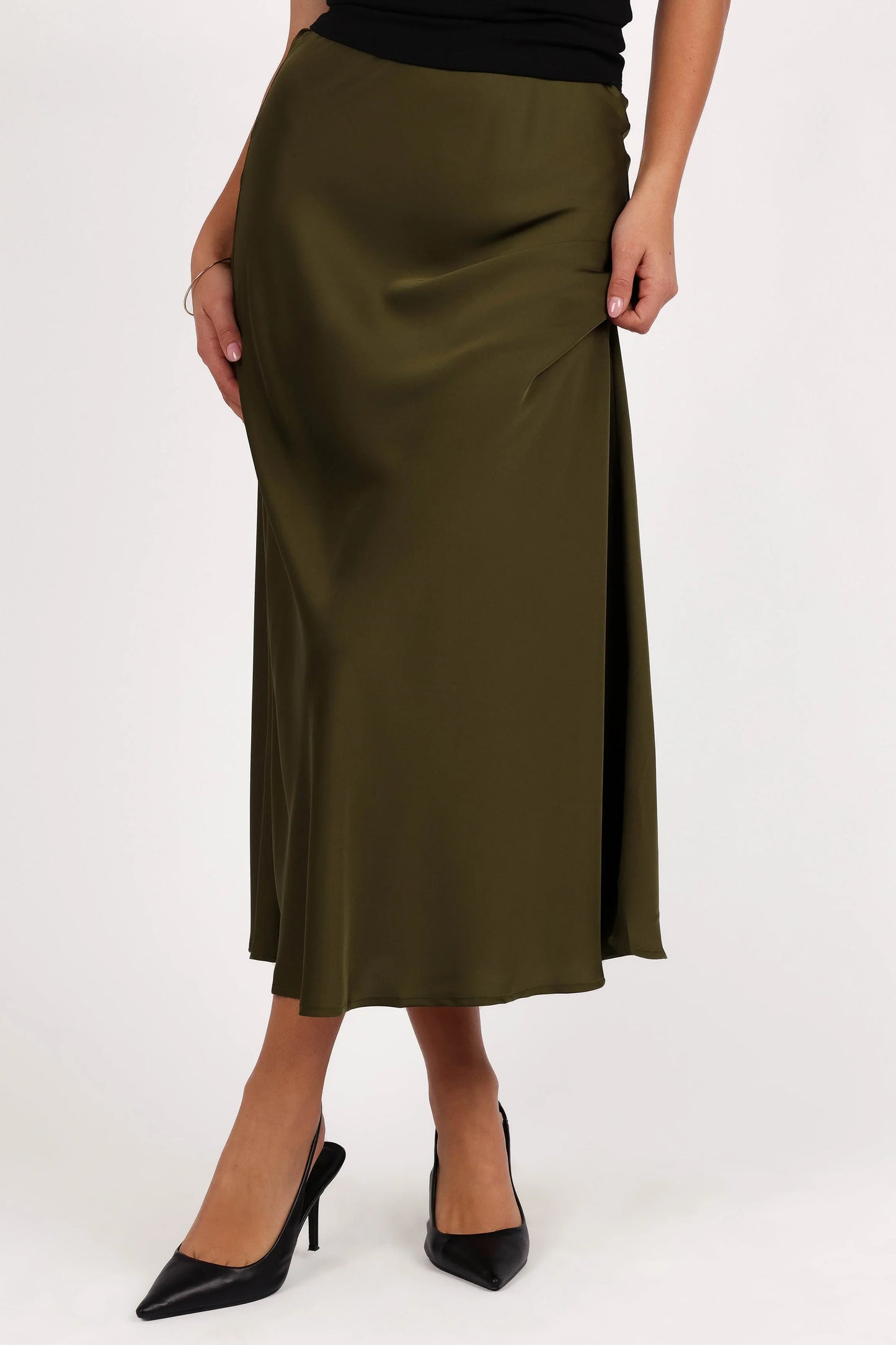 Nellie Satin Midi Skirt Olive