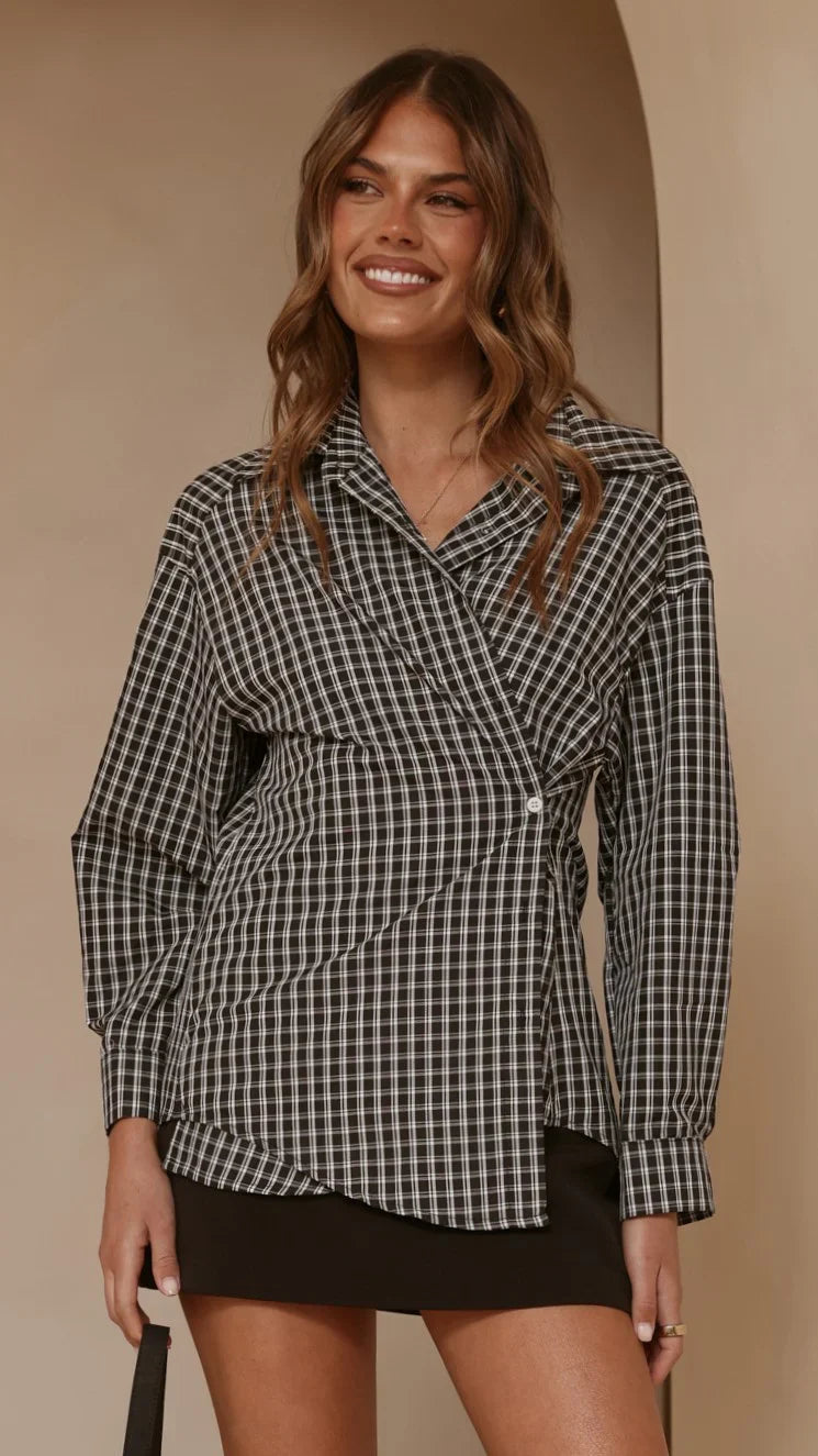 Valia Asymmetrical Button Up Shirt Black White Plaid