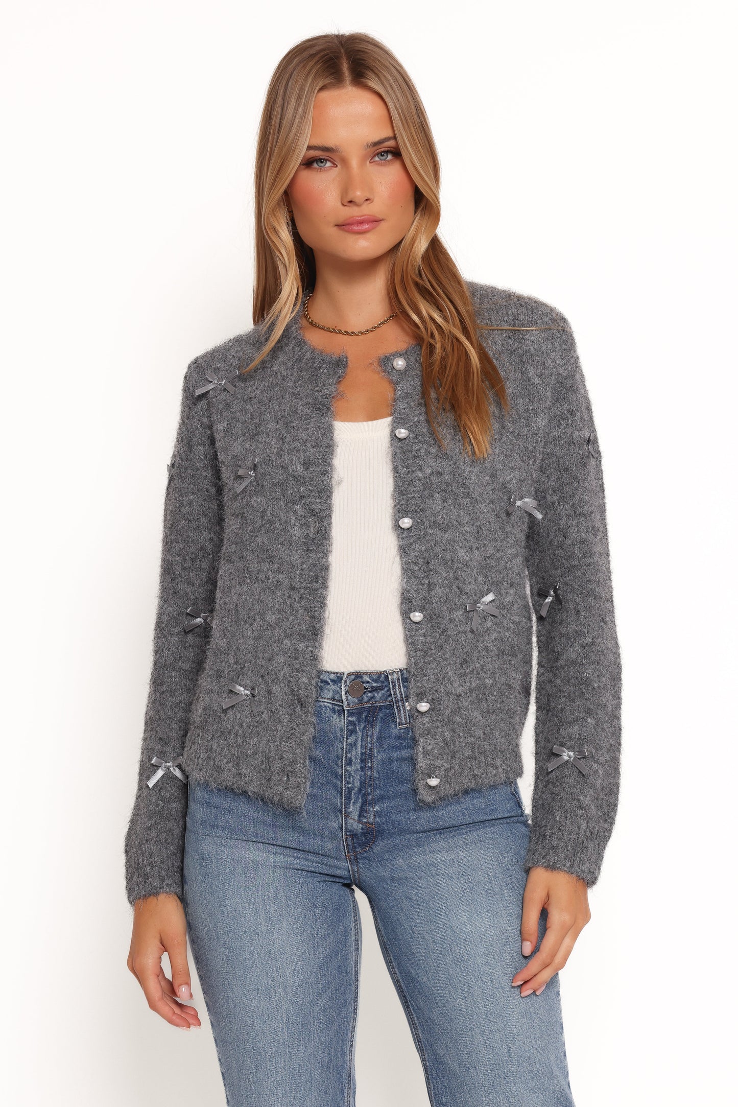 Mellie All Over Bow Button Front Cardigan Grey