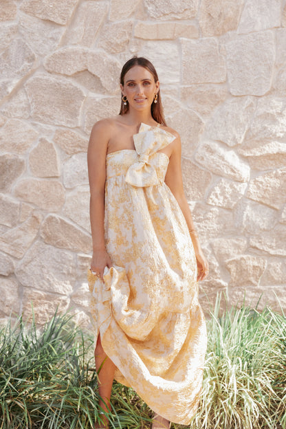Betina Bow Front Maxi Dress Yellow Brocade