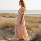 Blush Pink Lace Maxi Dress with Flutter Sleeves