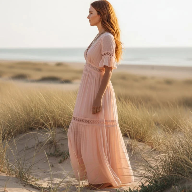 Blush Pink Lace Maxi Dress with Flutter Sleeves