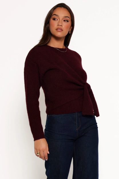 Ettie Wrap Side Tie Knit Sweater Burgundy