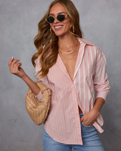 All Day Style Striped Poplin Collared Shirt