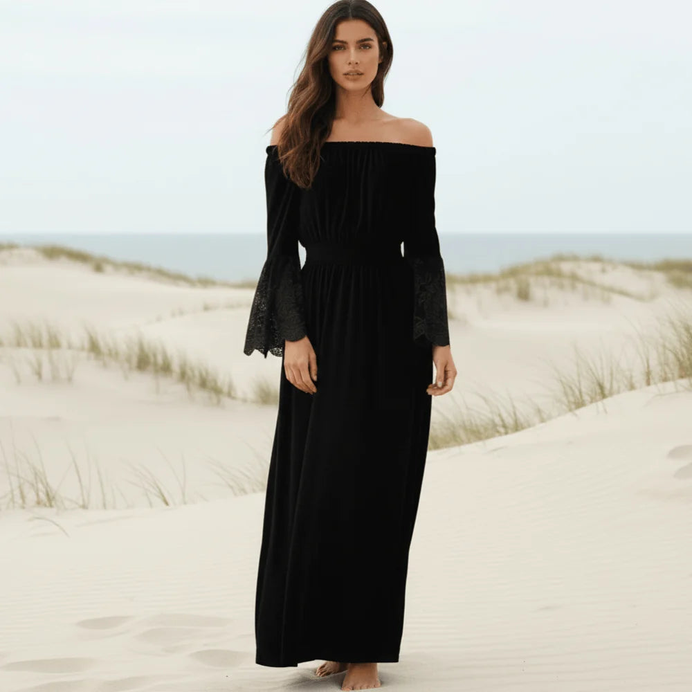 Off Shoulder Lace Maxi Dress with Long Sleeves