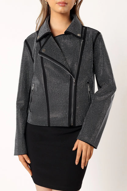 Elaina Crystal Studded Moto Jacket Black
