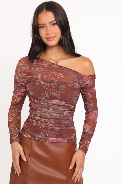 Elfrida Off Shoulder Mesh Top Brown Floral