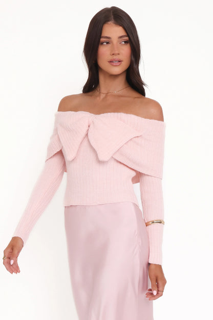 Helene Bow Off Shoulder Knit Sweater Pink