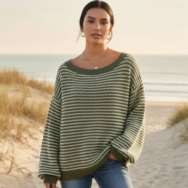 Boho Striped Slash Neck Lantern Sleeve Sweater