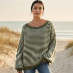 Boho Striped Slash Neck Lantern Sleeve Sweater