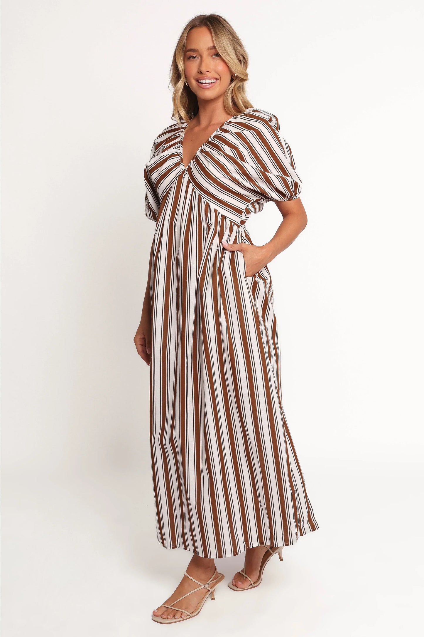 Sullivan Puff Sleeve Maxi Dress Chocolate Stripe