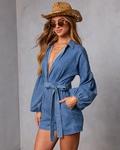 Apple Picking Denim Balloon Sleeve Romper