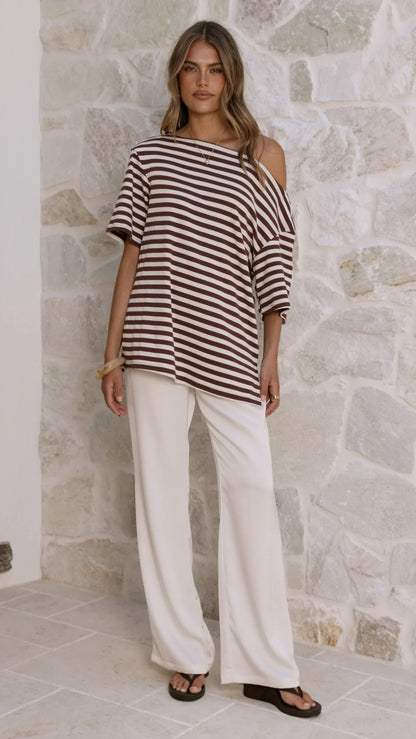 Pia One Shoulder Oversize Tee Choc White Stripe
