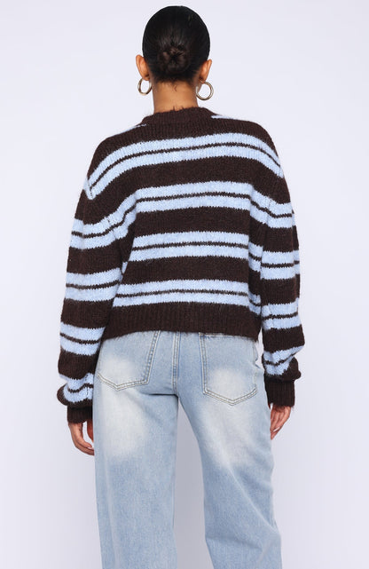 Ice Bae Stripe Knit Cardigan Blueberry Chocolate Stripe