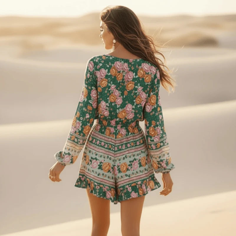 Vintage Green Floral Boho Tassel Romper