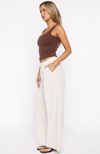 Office Romance Wide Leg Pants White Beige Stripe