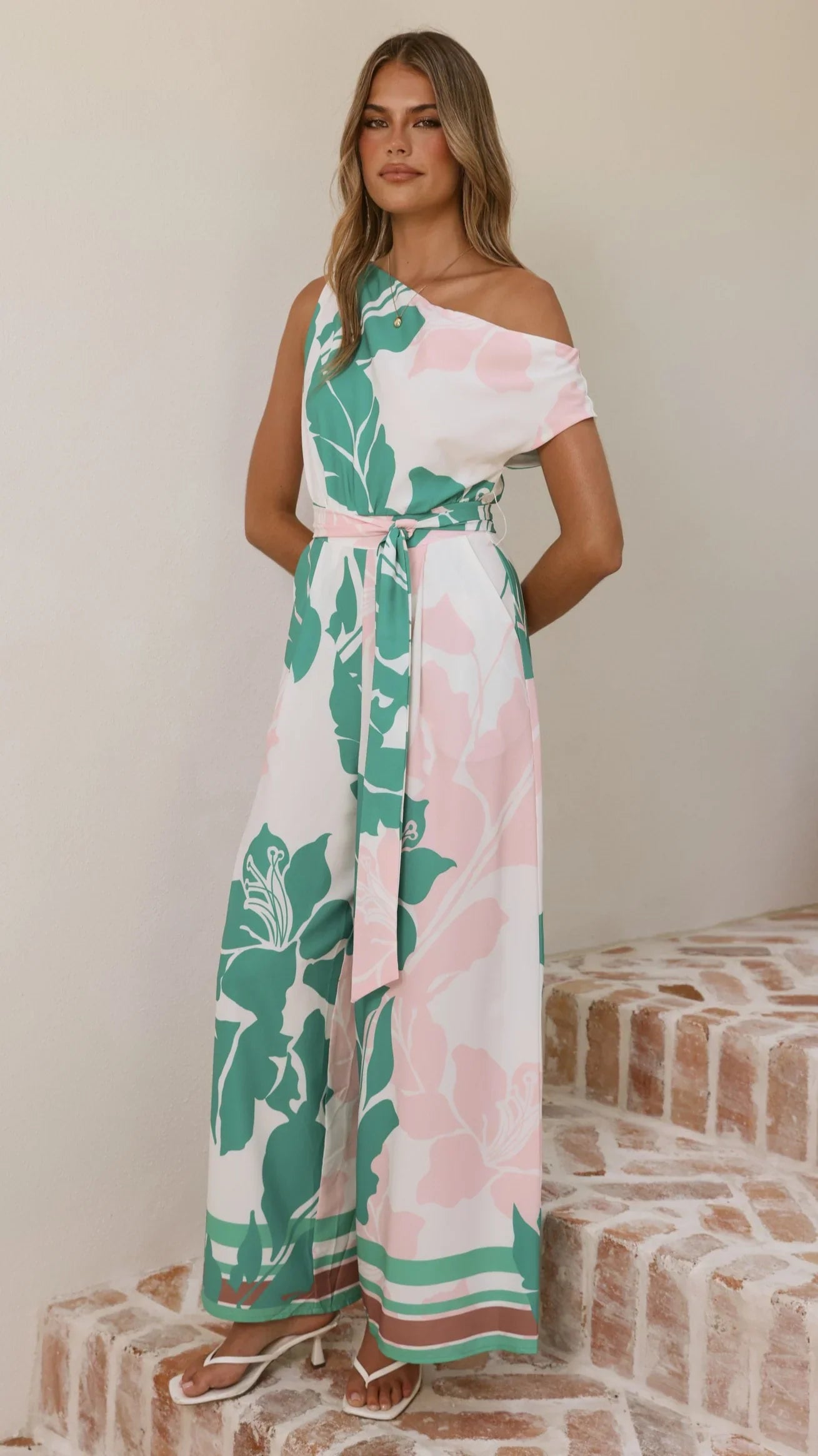 Oasis One Shoulder Jumpsuit Pink Green