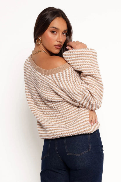 Becca Crewneck Waffle Stitch Stripe Knit Sweater Tan