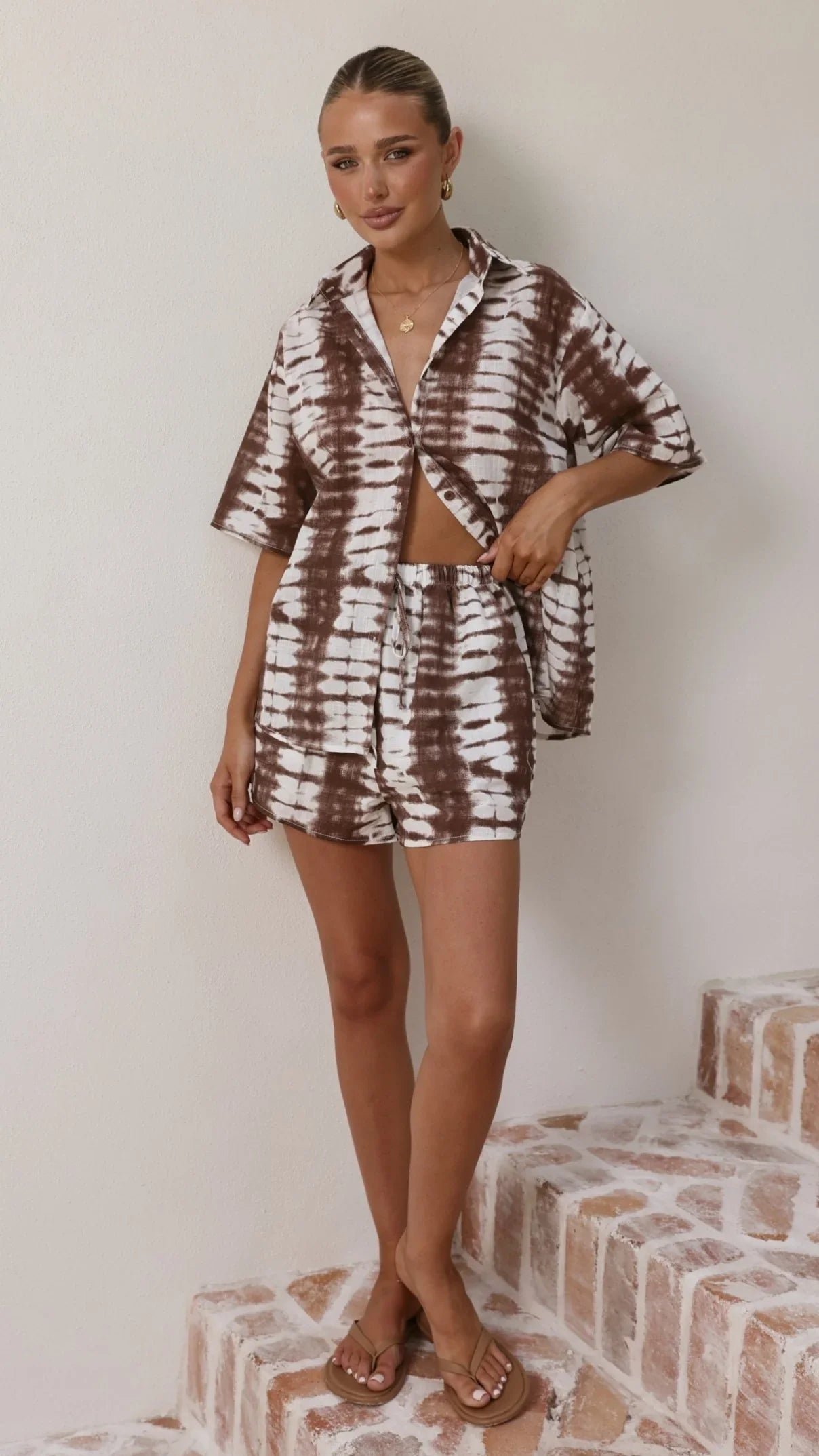 Ravenna Button Up Shirt and Shorts Set Chocolate Tie Dye