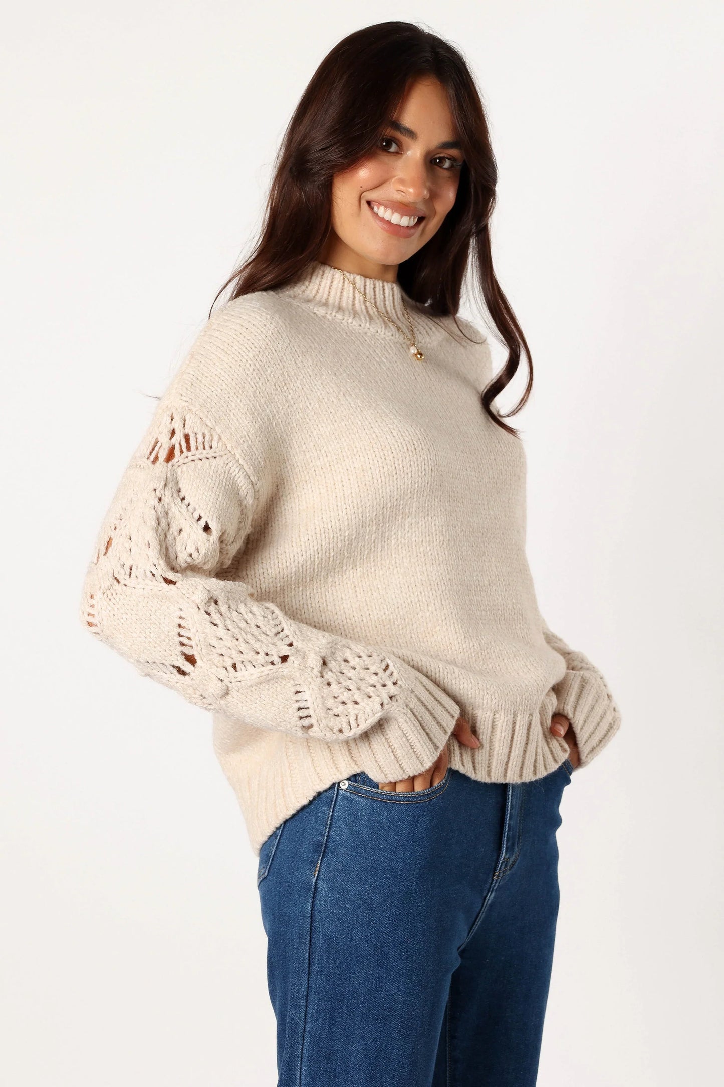 Rebekah Crochet Sleeve Knit Sweater Cream