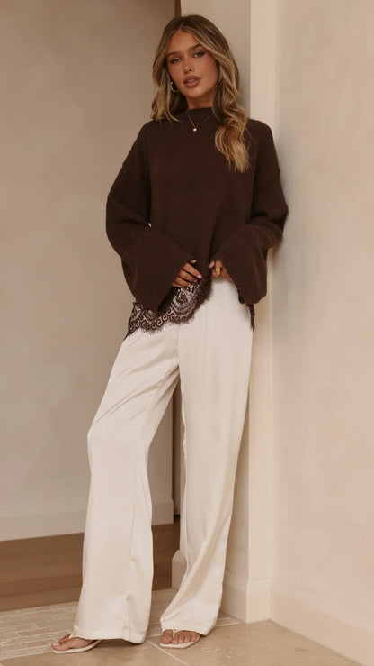 Kylan Lace Trim Sweater Brown