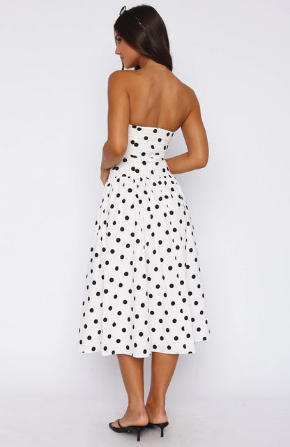 Rich In Love Strapless Midi Dress White Black Polka Dot