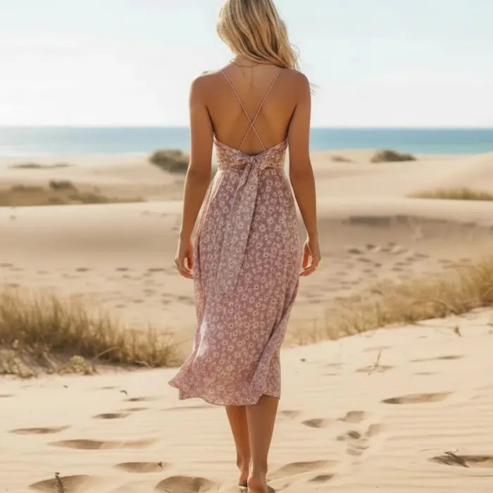 Pink Floral Tie Back Midi Sundress