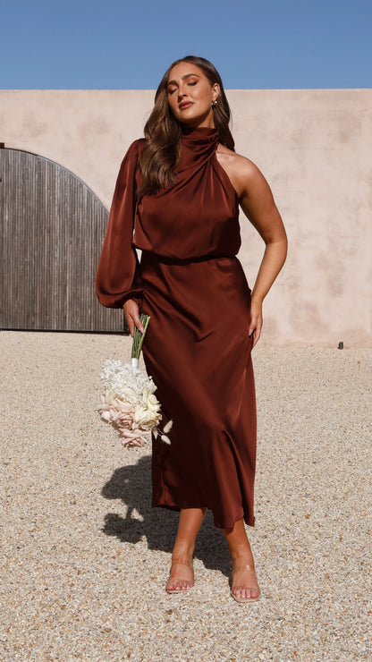 Esther One Shoulder Long Sleeve Dress Brown