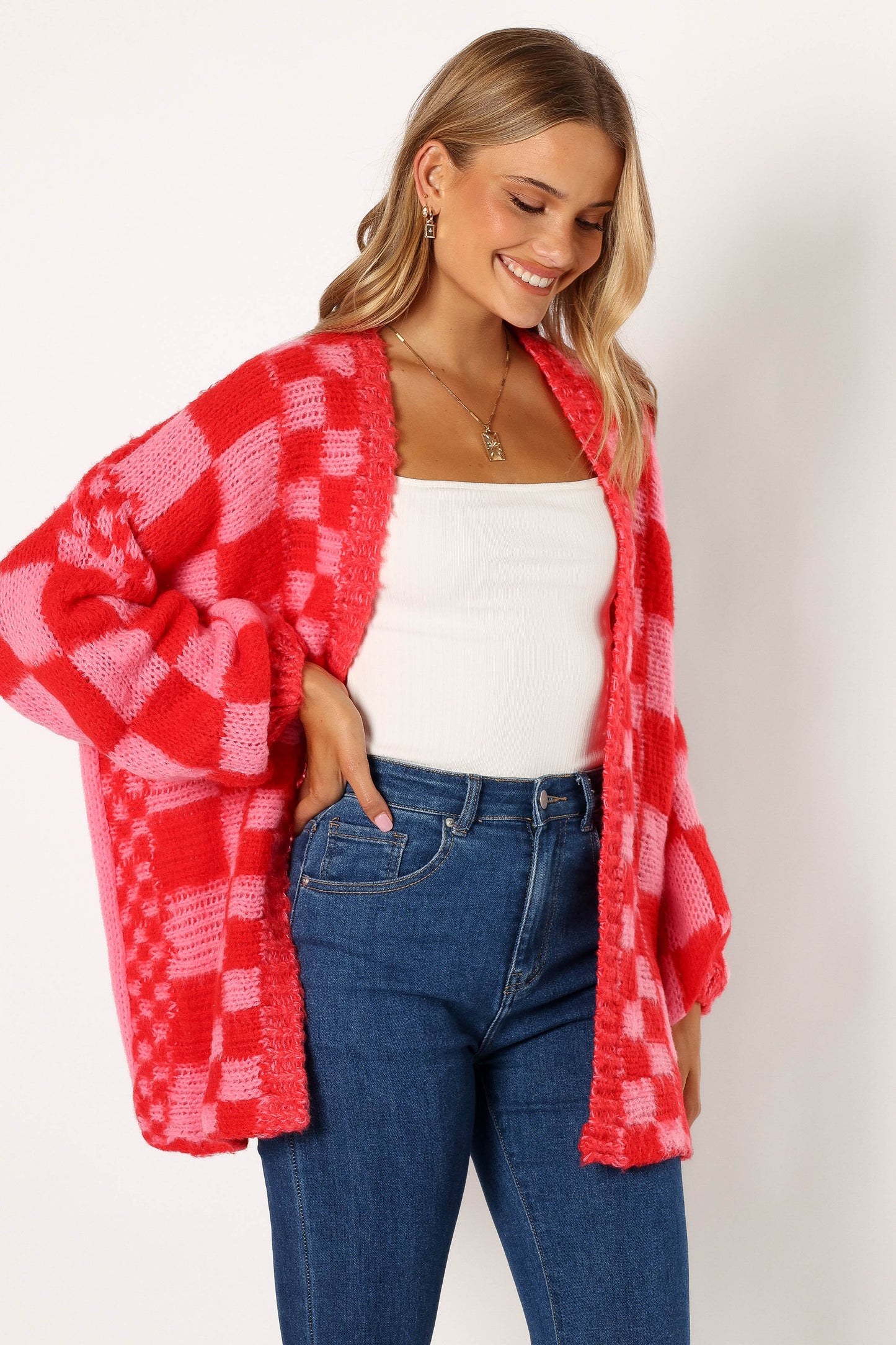 Davina Pattern Open Front Cardigan Red Pink