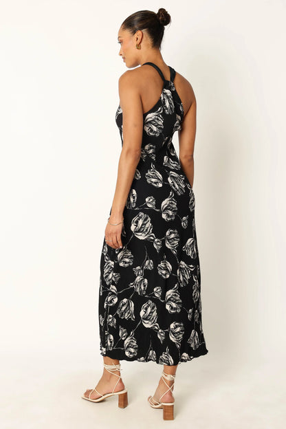 Melody Plisse Halter Maxi Dress Black Floral
