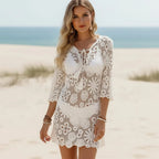 White Crochet Lace Up Beach Cover Up Dress