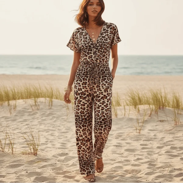 Boho Leopard Print Wide Leg Jumpsuit with Pockets
