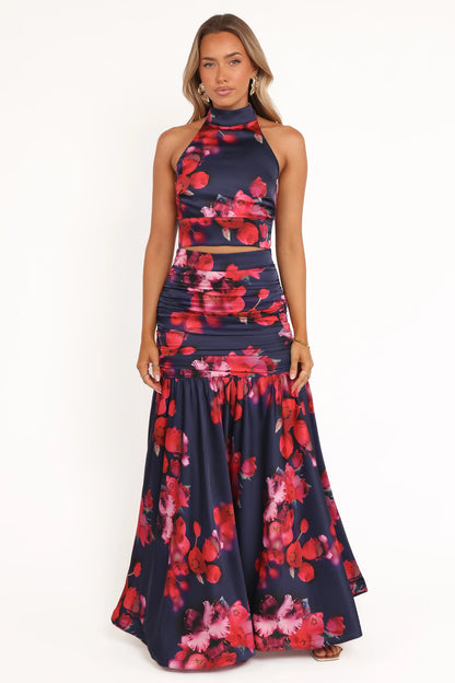 Freda Halter Skirt Set Navy Floral