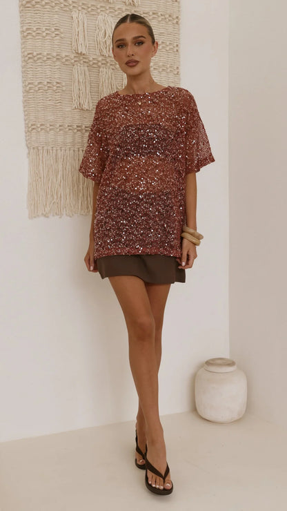 Zinnia Oversized Sequins Tee Rust