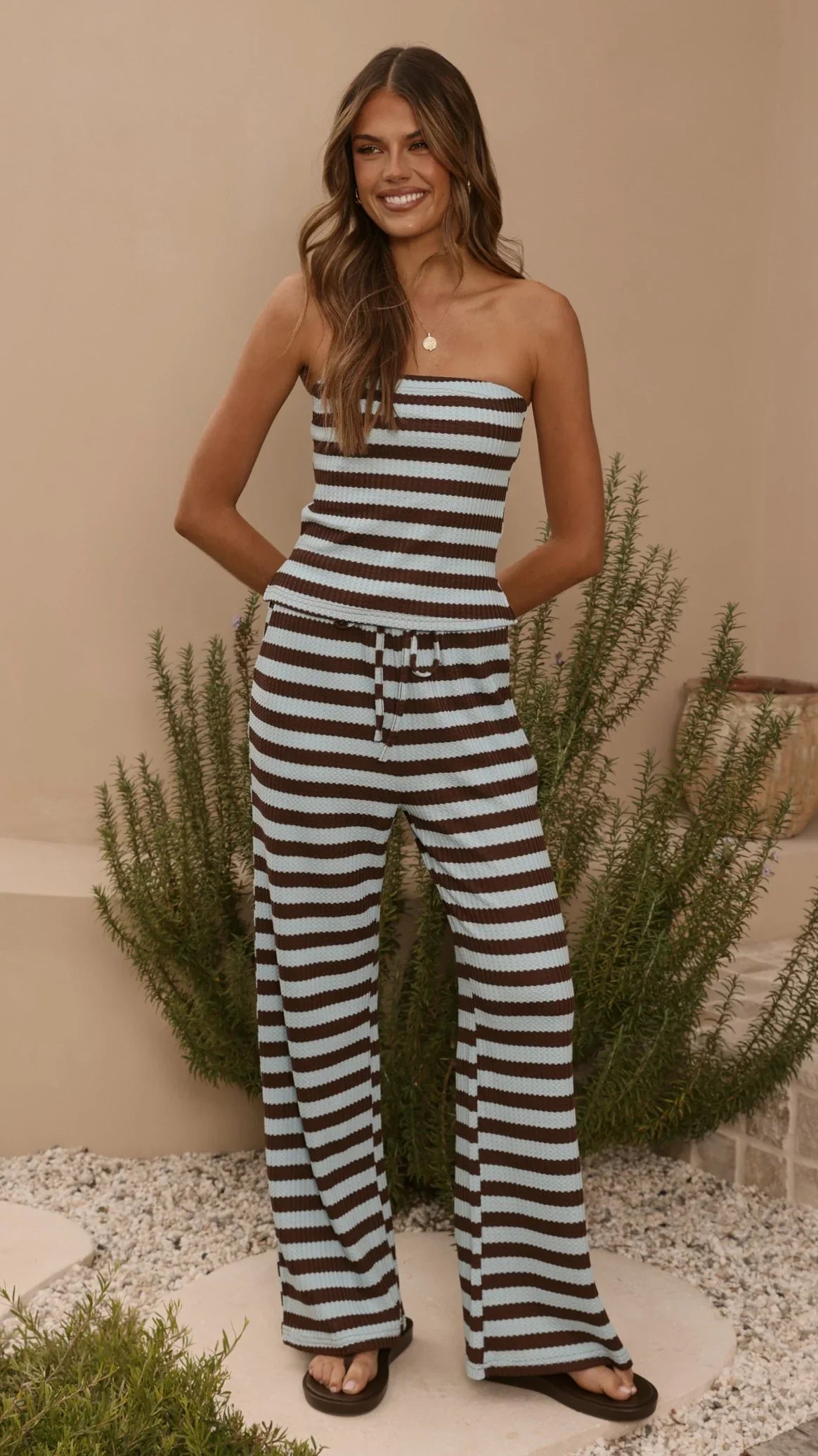 Milla Strapless Top Pants Set Brown Blue Stripe