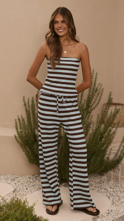Milla Strapless Top Pants Set Brown Blue Stripe