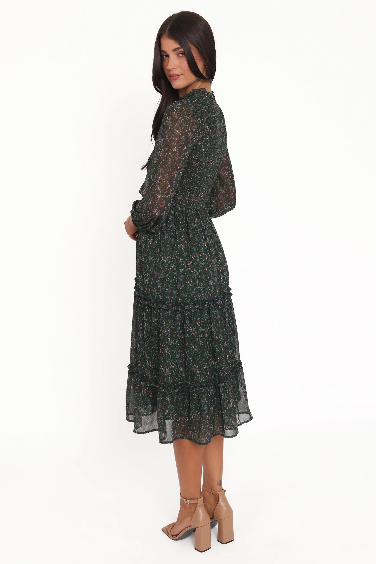 Edwina Shirred Frill Long Sleeve Midi Dress Olive Floral