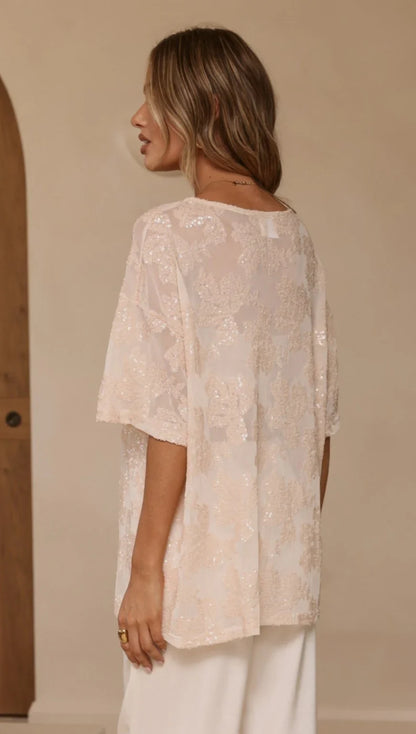 Arlo Oversized Sequin Top Beige Floral