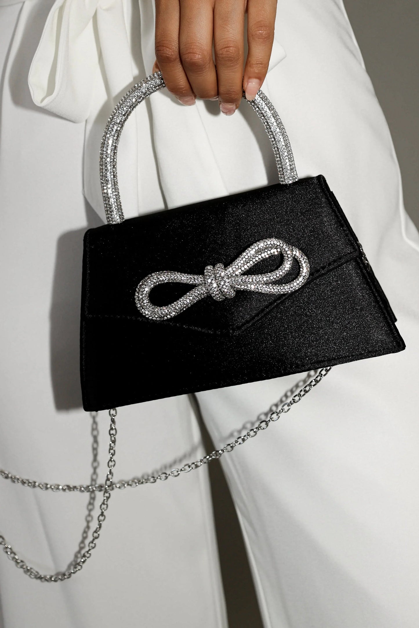 Flicka Rhinestone Bow Bag Black Satin
