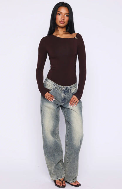 Double Down Long Sleeve Bodysuit Dark Chocolate