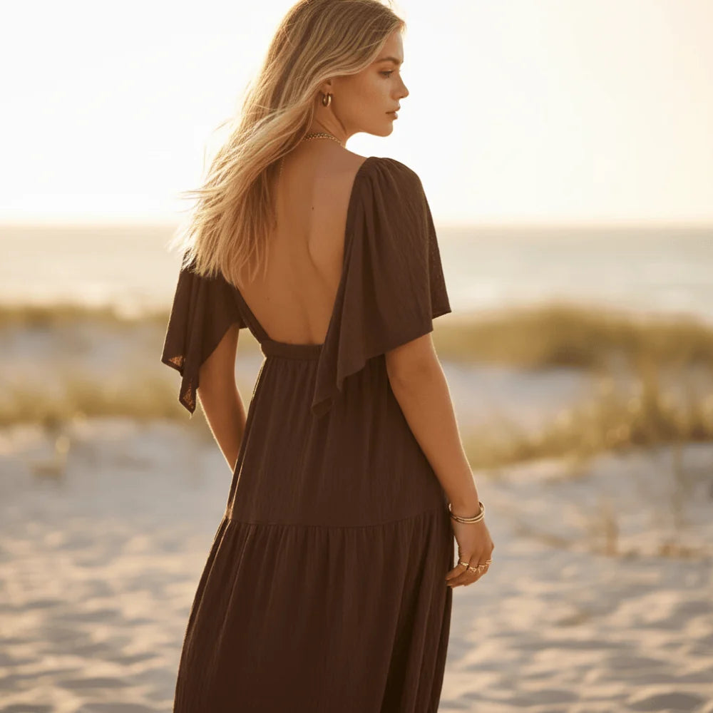 Backless V Neck Short Sleeve Maxi Dress