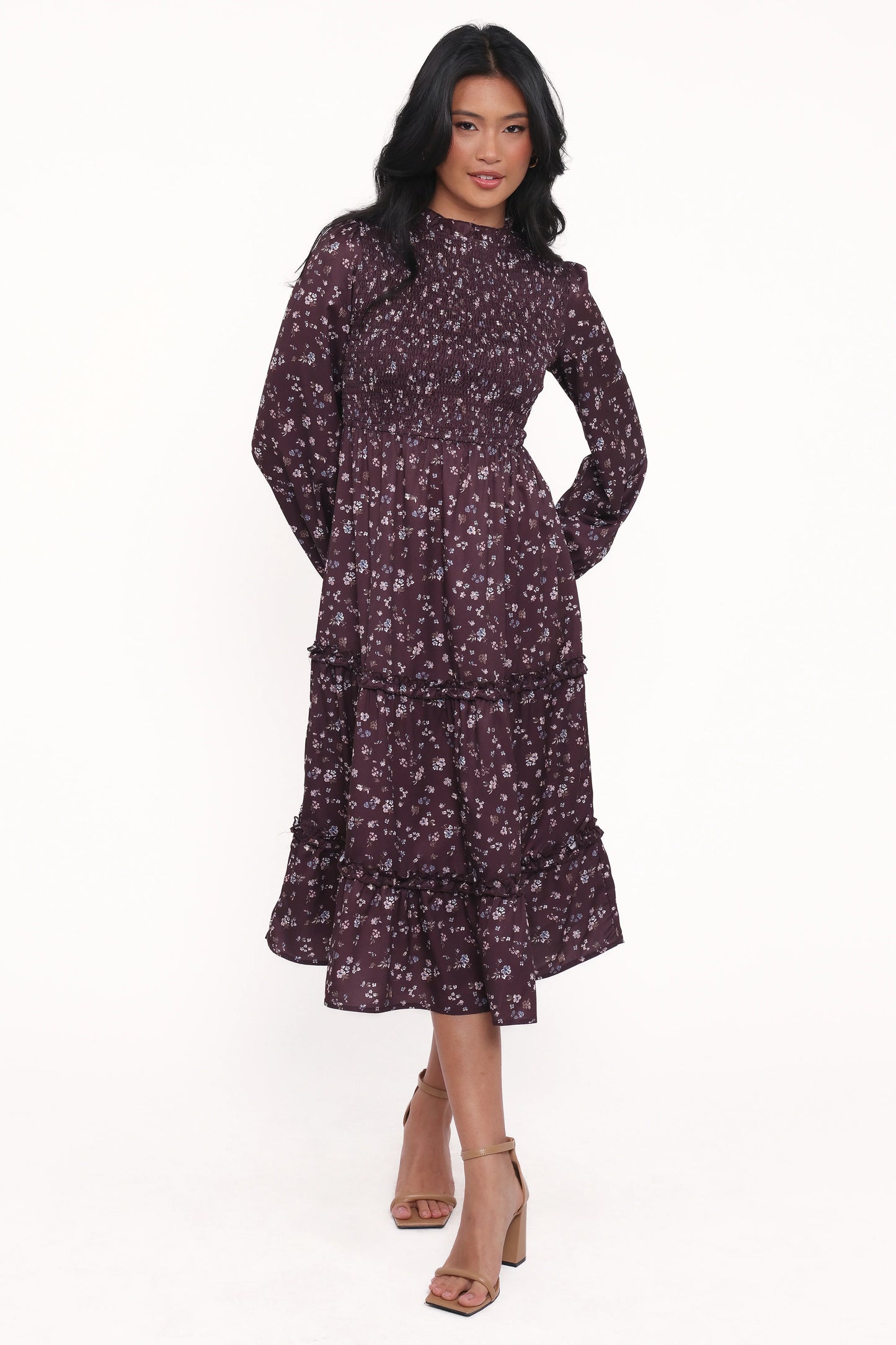 Edwina Shirred Frill Long Sleeve Midi Dress Plum Floral