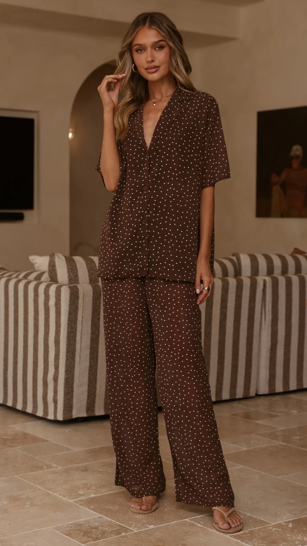 Ashleigh Sheer Shirt and Pants Set Brown Polka