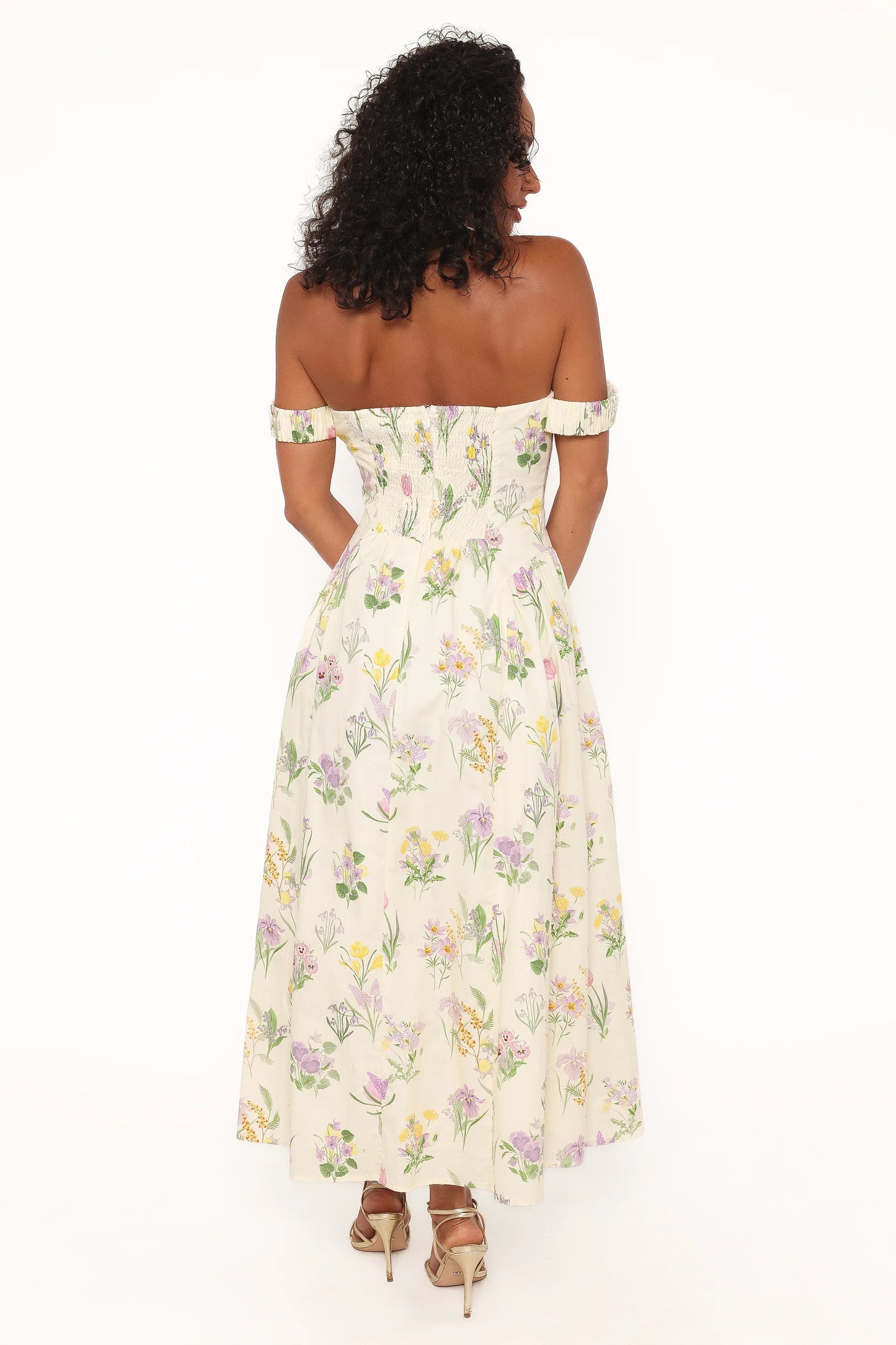 Larni Off Shoulder Midi Dress Lavender Multi