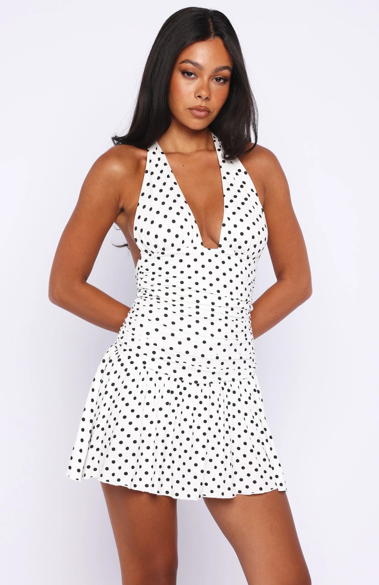 Whispered Dreams Halter Mini Dress White Black Polka Dot