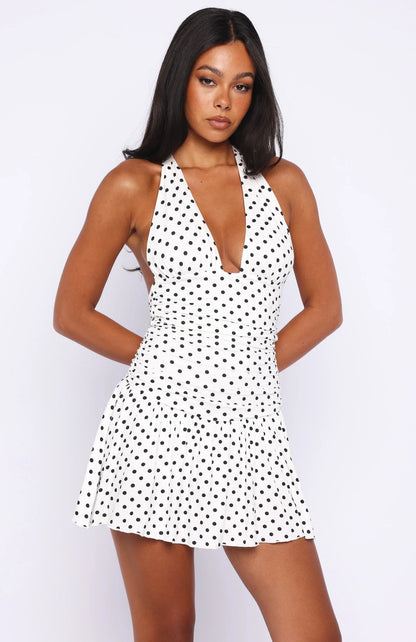 Whispered Dreams Halter Mini Dress White Black Polka Dot