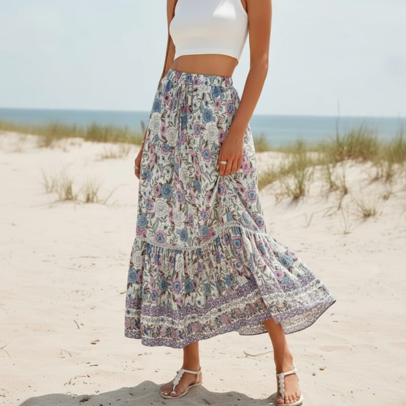 High Waist Floral Boho Maxi Skirt