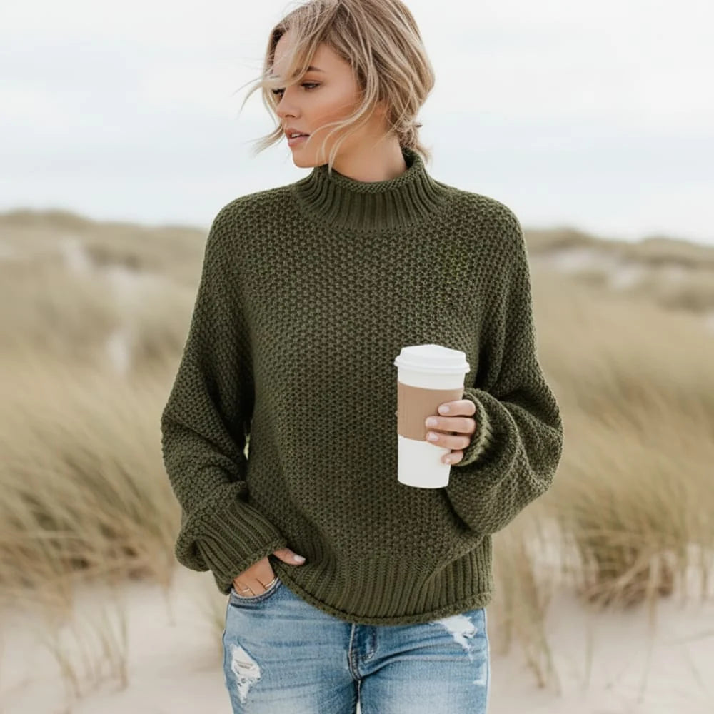 Boho Mock Neck Loose Knit Pullover Sweater