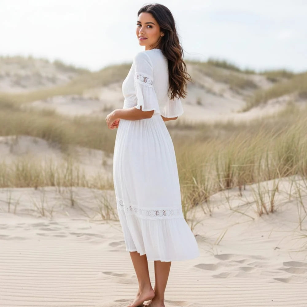 White Lace Midi Dress with Flare Sleeves